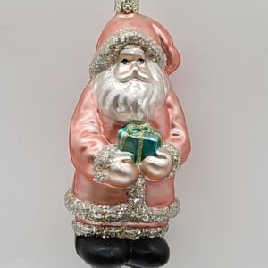 Pink Santa Claus Glass Christmas Ornament with Gift Box, Snow Glitter Holiday Tree Figure Decor