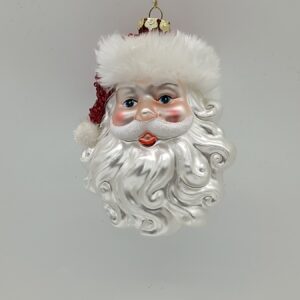 White Glitter Santa Head Glass Ornament with Red Hat, Vintage Christmas Tree Hanging Decor