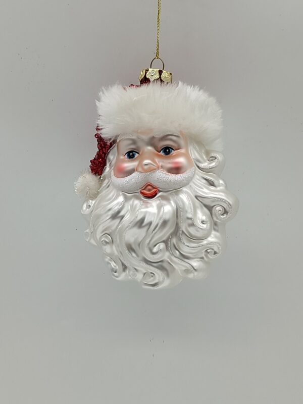 White Glitter Santa Head Glass Ornament with Red Hat, Vintage Christmas Tree Hanging Decor
