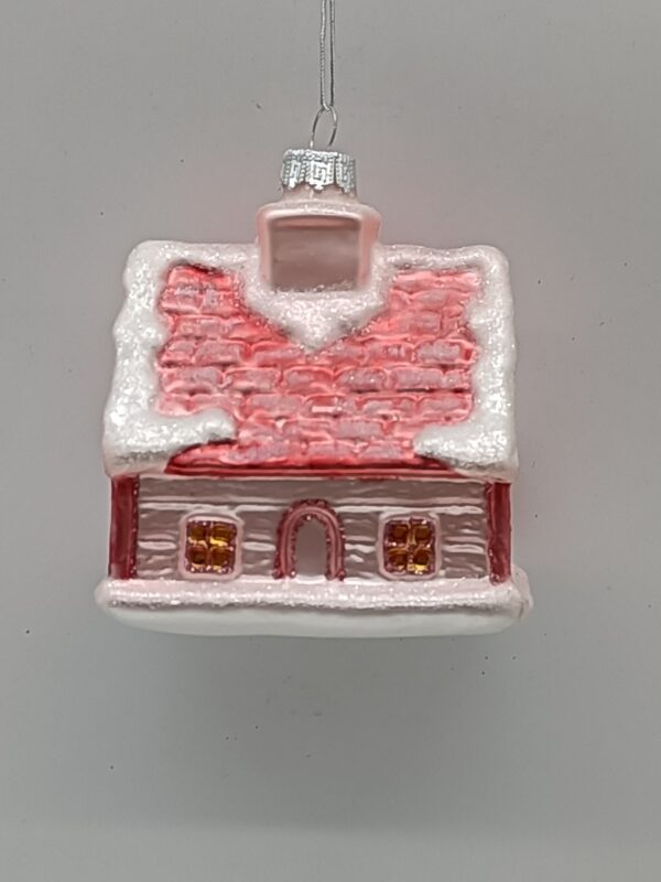 Pink Snow Covered House Glass Christmas Ornament, Glitter Village Holiday Tree Hanging Decor