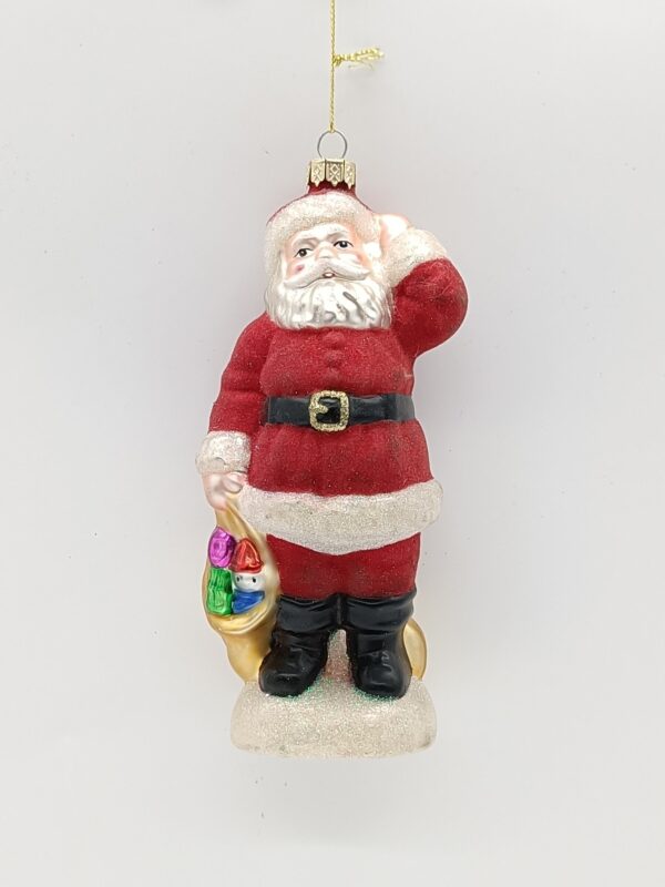 Waving Santa Claus Glass Christmas Ornament, Hand Painted Red Glitter Holiday Tree Figure Decor