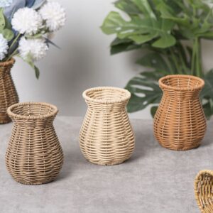 Handwoven Wicker Vase Set of 2, Natural Rattan Tabletop Decor, Rustic Farmhouse Centerpiece for Living Room, Wholesale