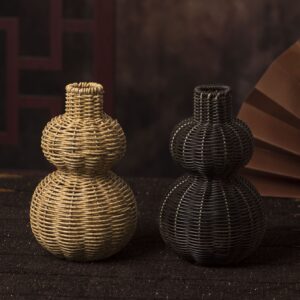 Black Double Gourd Wicker Vase, Handwoven Rattan Bubble Vase for Modern Farmhouse Decor, Statement Table Centerpiece, Wholesale