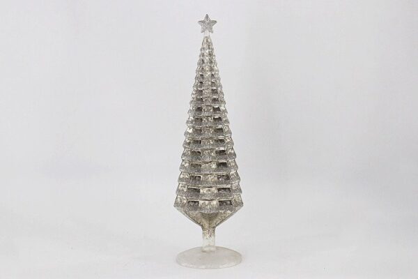 Silver Spire Glass Christmas Tree with Gold Star, Modern Tabletop Holiday Tree Ornament
