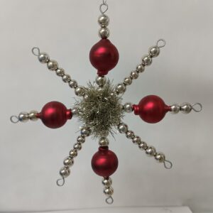 Red and Silver Glass Bead Snowflake Ornament 17cm, Beaded Christmas Tree Hanging Decoration
