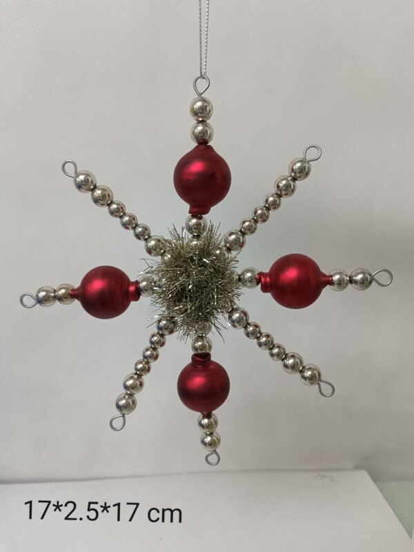 Red and Silver Glass Bead Snowflake Ornament 17cm, Beaded Christmas Tree Hanging Decoration