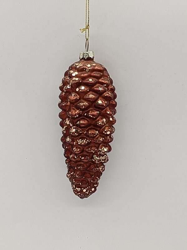 Rust Brown Glitter Pinecone Glass Ornament, Natural Woodland Christmas Tree Hanging Decoration
