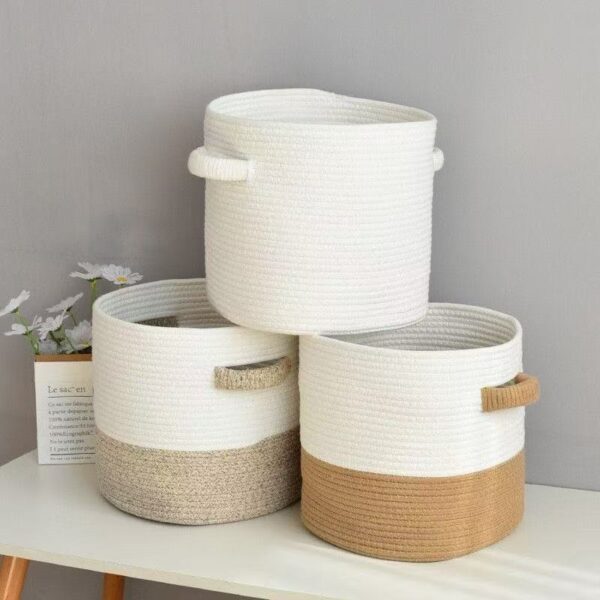 Nesting Cotton Rope Storage Basket Set of 3, Two-Tone Woven Baskets with Handles for Home Organization, Wholesale