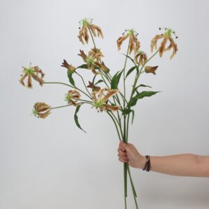Orange Red Artificial Gloriosa Lily Bunch, Faux Flame Lily Stems for Tropical Home Decor, Wholesale