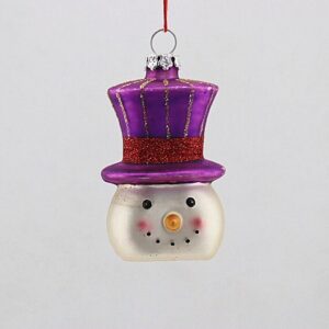 Snowman Head Glass Ornament with Purple Top Hat, Glitter Christmas Tree Hanging Decoration