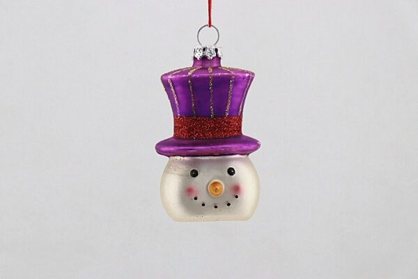 Snowman Head Glass Ornament with Purple Top Hat, Glitter Christmas Tree Hanging Decoration