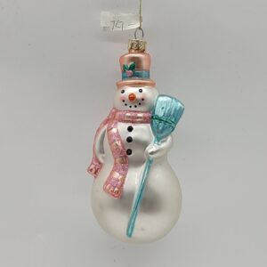Mini Glass Snowman Ornament with Broom, Red and Blue Christmas Tree Hanging Figure Decor