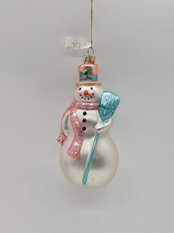 Mini Glass Snowman Ornament with Broom, Red and Blue Christmas Tree Hanging Figure Decor
