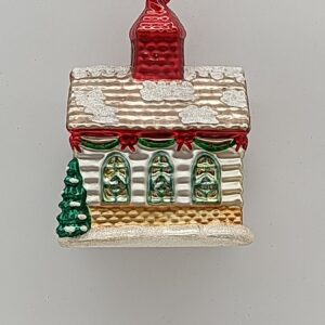 Snowy Christmas House Glass Ornament with Red Roof, Glitter Village Holiday Tree Decoration