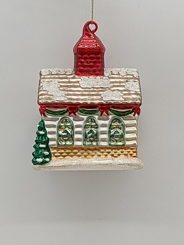 Snowy Christmas House Glass Ornament with Red Roof, Glitter Village Holiday Tree Decoration