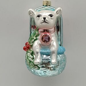 White Puppy Dog in Gift Bag Glass Ornament, Blue Christmas Tree Animal Hanging Decoration