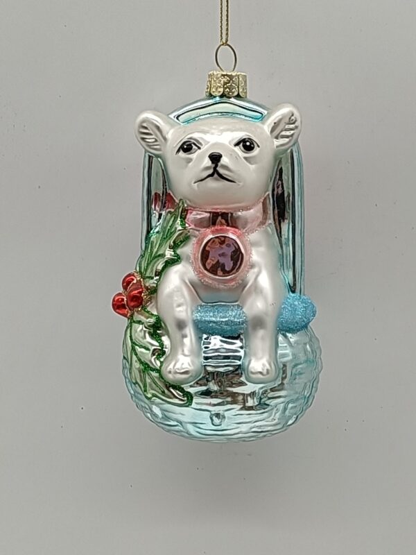 White Puppy Dog in Gift Bag Glass Ornament, Blue Christmas Tree Animal Hanging Decoration