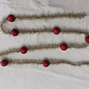 Gold Tinsel Christmas Garland with Red Glass Beads, Vintage Wire Bead Holiday Decoration