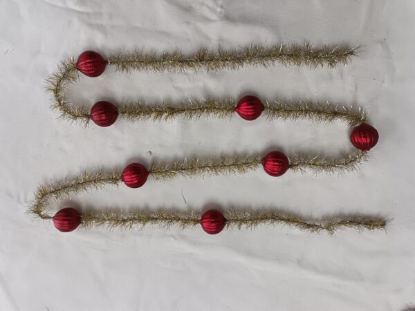 Gold Tinsel Christmas Garland with Red Glass Beads, Vintage Wire Bead Holiday Decoration