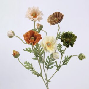 Mixed Artificial Poppy and Anemone Stem Set, Faux Silk Poppies in Cream Orange Brown for Vase Decor, Wholesale