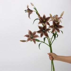 Terracotta Artificial Lily Bush 6 Heads with Buds, Faux Asiatic Lily Bouquet for Autumn Home Decor, Wholesale