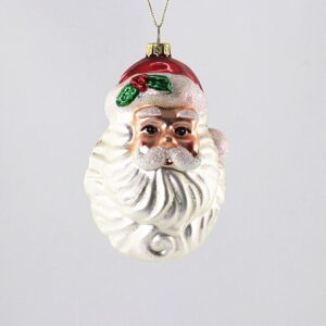 Santa Head Glass Ornament with White Fur Hat, Red Accented Christmas Tree Hanging Decoration