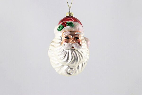 Santa Head Glass Ornament with White Fur Hat, Red Accented Christmas Tree Hanging Decoration