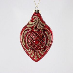 Red and Gold Lattice Glass Diamond Ornament, Embossed Victorian Christmas Tree Hanging Decor