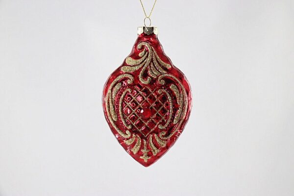 Red and Gold Lattice Glass Diamond Ornament, Embossed Victorian Christmas Tree Hanging Decor