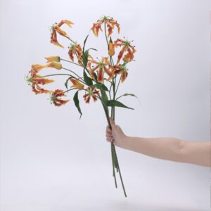 Orange Red Artificial Gloriosa Lily Bunch, Faux Flame Lily Stems for Tropical Home Decor, Wholesale