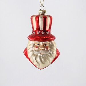 Santa Head Glass Christmas Ornament with Red Top Hat, White Beard Holiday Tree Hanging Decor