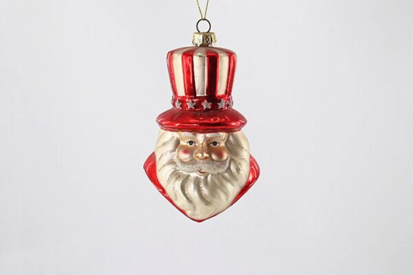 Santa Head Glass Christmas Ornament with Red Top Hat, White Beard Holiday Tree Hanging Decor