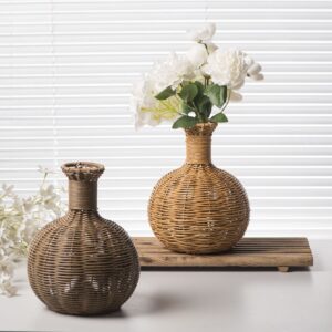 Round Belly Rattan Vase with White Peonies, Handwoven Wicker Sphere Vase for Rustic Wedding and Home Decor, Wholesale