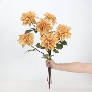 Peach Artificial Dahlia Bush 5 Heads, Faux Dinnerplate Dahlia Bouquet for Wedding Home Decor, Wholesale