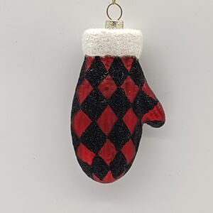 Red Argyle Glass Mitten Christmas Ornament, Black Diamond Pattern Holiday Tree Hanging Decor