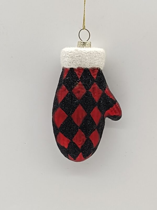 Red Argyle Glass Mitten Christmas Ornament, Black Diamond Pattern Holiday Tree Hanging Decor