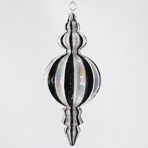 Black and White Ribbed Glass Lantern Ornament, Striped Christmas Tree Finial Hanging Decor