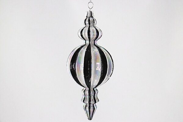 Black and White Ribbed Glass Lantern Ornament, Striped Christmas Tree Finial Hanging Decor