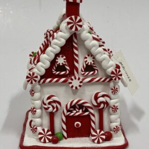 Candy Cane Gingerbread Cottage Christmas Decoration, White Icing Clay Holiday Village House