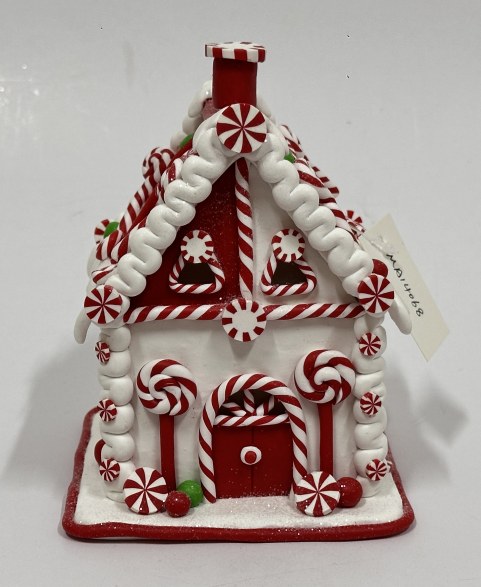 Candy Cane Gingerbread Cottage Christmas Decoration, White Icing Clay Holiday Village House