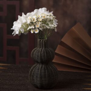 Black Double Gourd Wicker Vase, Handwoven Rattan Bubble Vase for Modern Farmhouse Decor, Statement Table Centerpiece, Wholesale