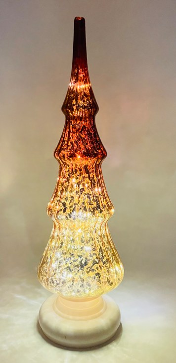 Amber Gold LED Glass Christmas Tree Figurine, Light Up Mercury Glass Tabletop Holiday Decor