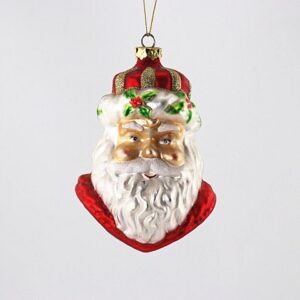 Santa Head Glass Ornament with Holly Accents, Red Hat White Beard Christmas Tree Hanging Decor