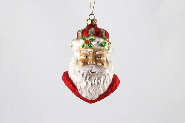 Santa Head Glass Ornament with Holly Accents, Red Hat White Beard Christmas Tree Hanging Decor