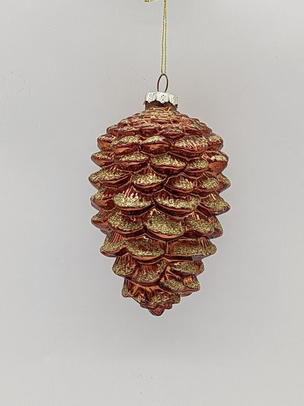 Copper Glitter Pinecone Glass Christmas Ornament, Woodland Holiday Tree Hanging Decoration