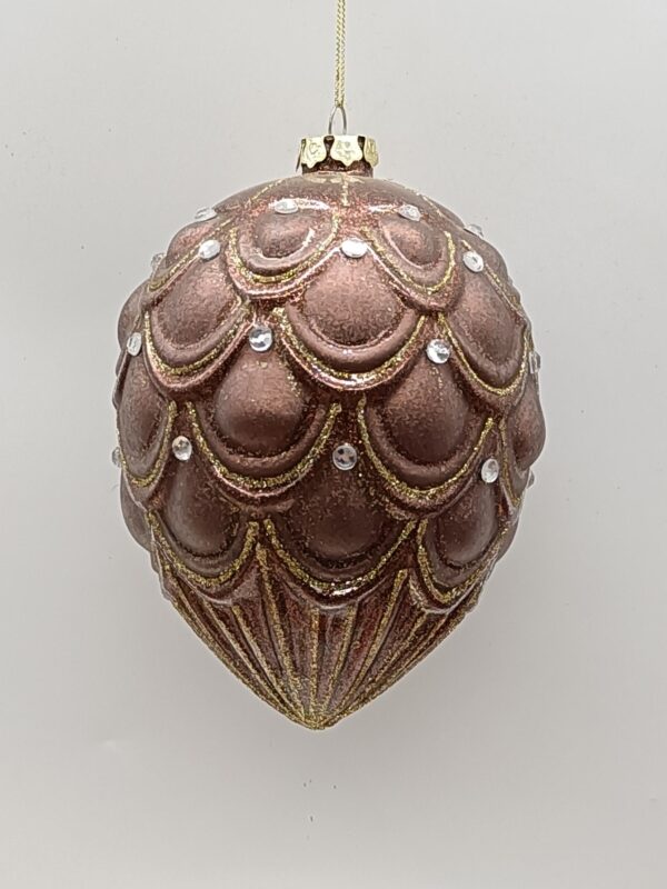 Brown Scalloped Glass Ball Ornament with Rhinestones, Vintage Embossed Christmas Bauble Decor