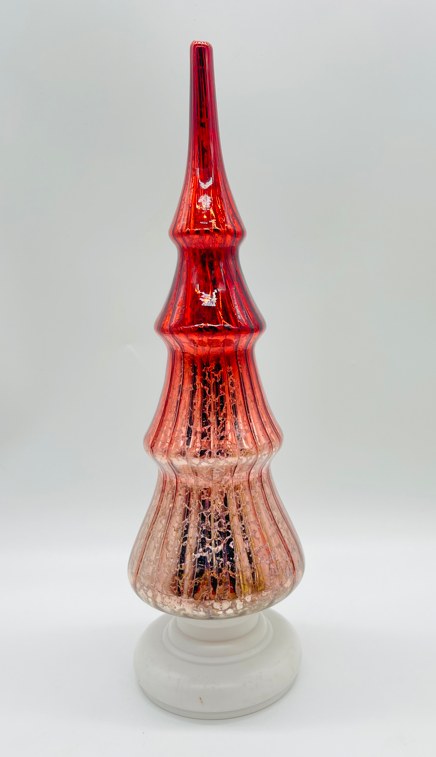 Red LED Light Up Glass Christmas Tree Table Decor, Battery Operated Mercury Glass Tree Centerpiece