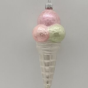 Pink and Mint Ice Cream Cone Glass Ornament, Pastel Glitter Christmas Tree Sweet Treat Decor