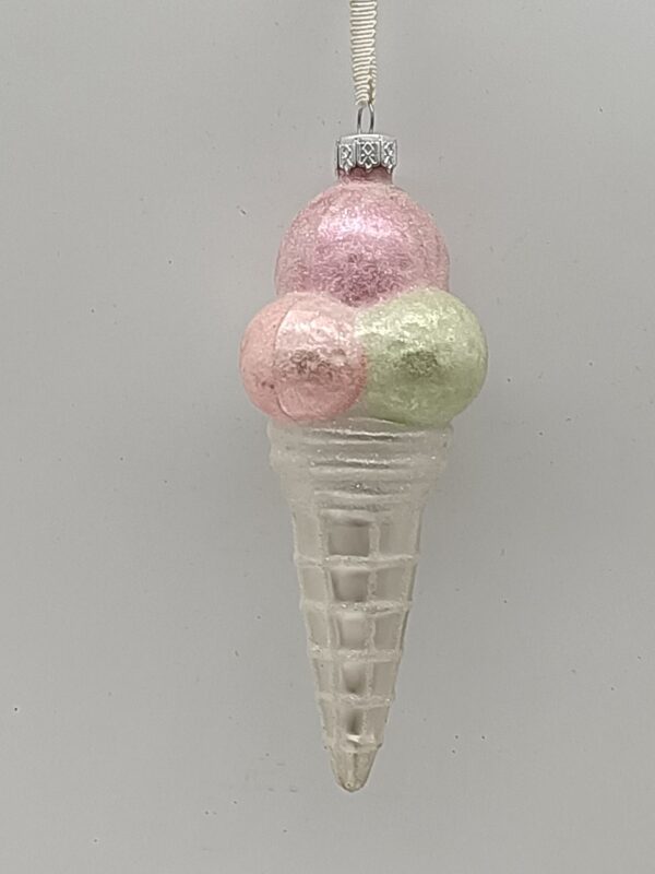 Pink and Mint Ice Cream Cone Glass Ornament, Pastel Glitter Christmas Tree Sweet Treat Decor