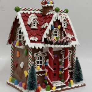 Gingerbread House Christmas Village with Mini Trees, Frosted Candy Clay Tabletop Decoration
